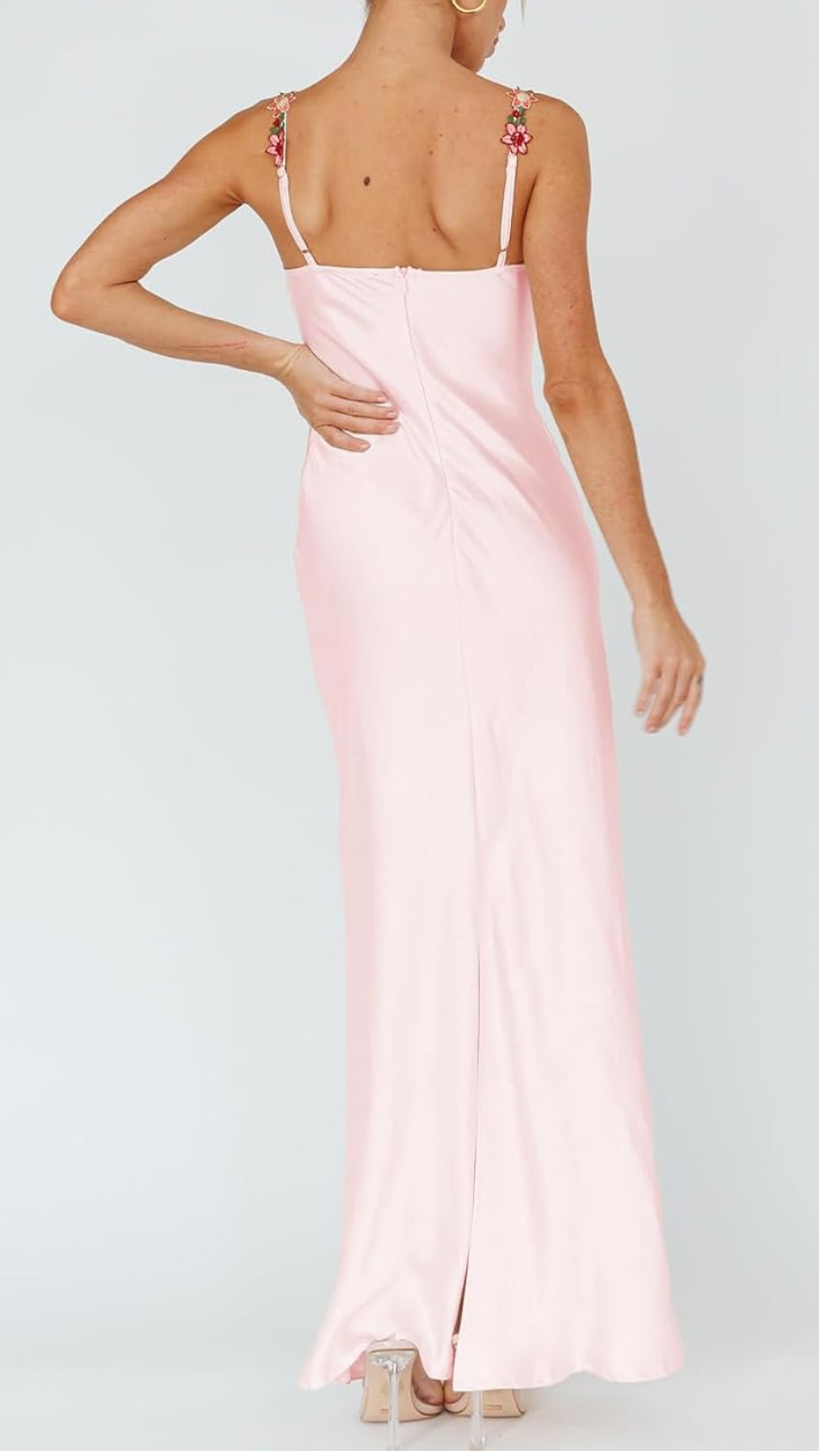 Floral Embroidered Satin Maxi Dress - Backless Sweetheart Neckline