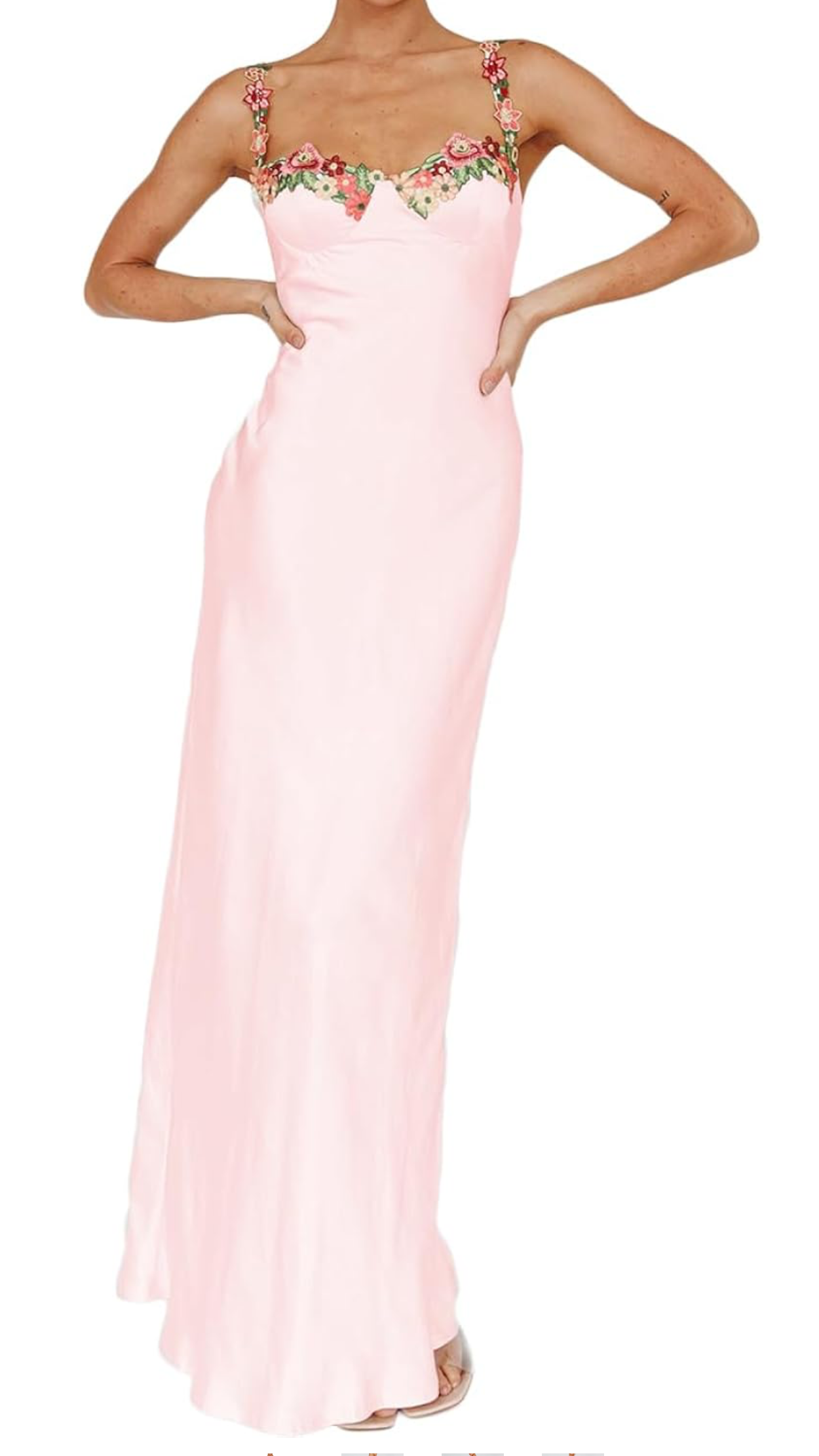 Floral Embroidered Satin Maxi Dress - Backless Sweetheart Neckline