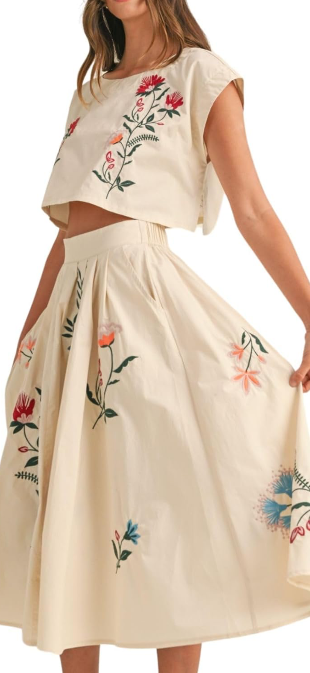 Women Floral Embroidery Two Piece Tank Top and Skirt