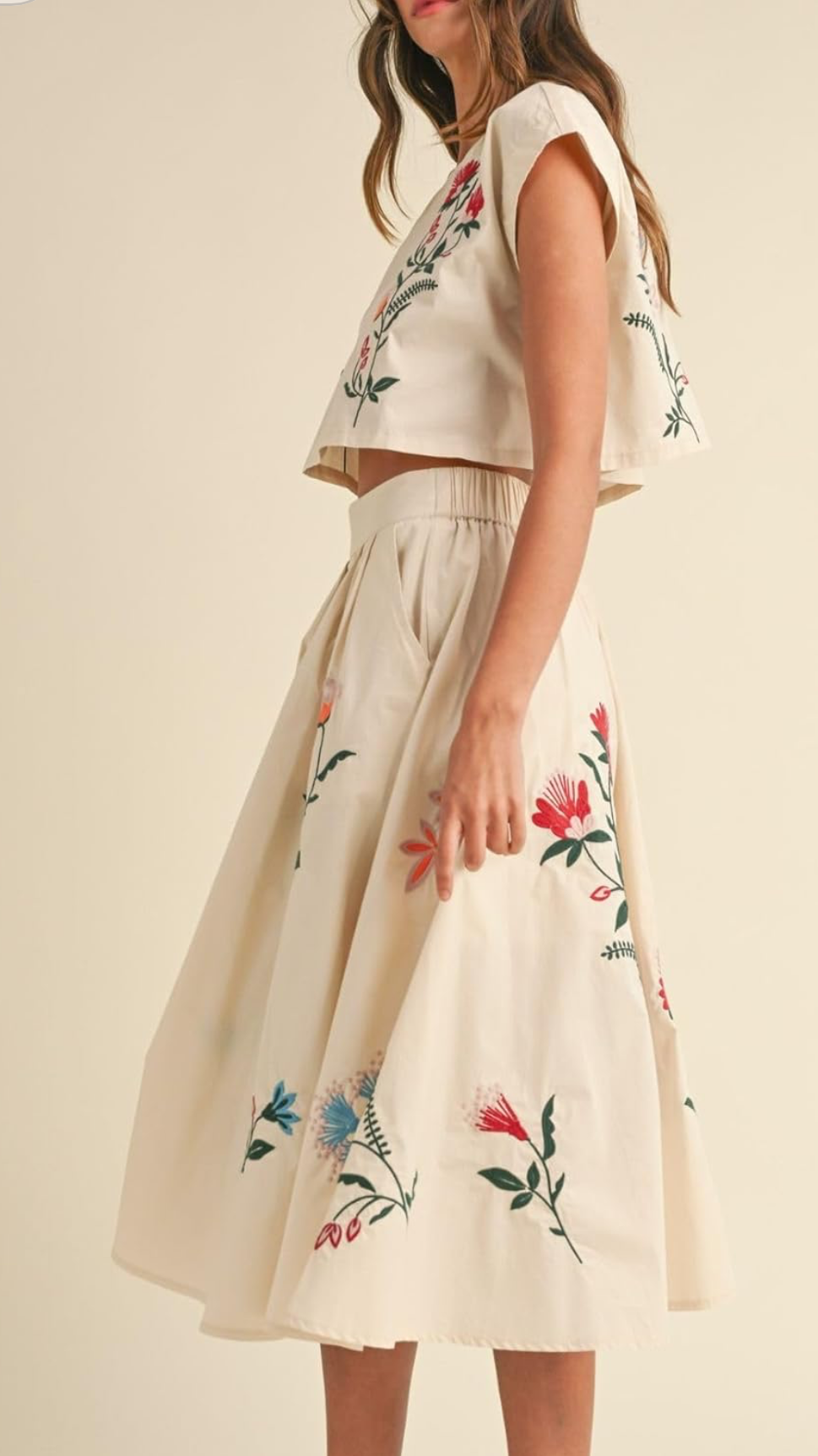 Women Floral Embroidery Two Piece Tank Top and Skirt