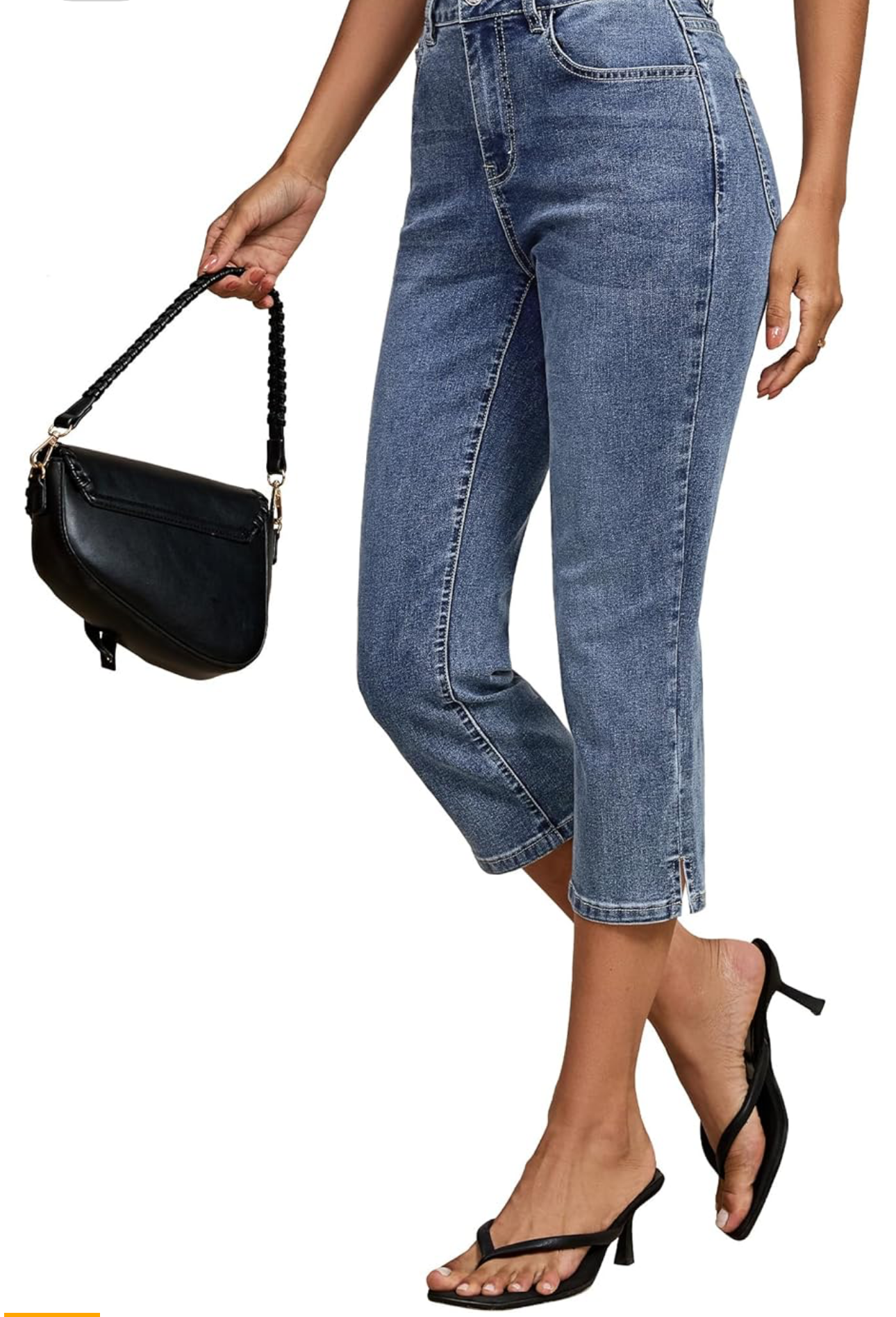 Capri Jeans for Women - High Waisted Side Slit Denim