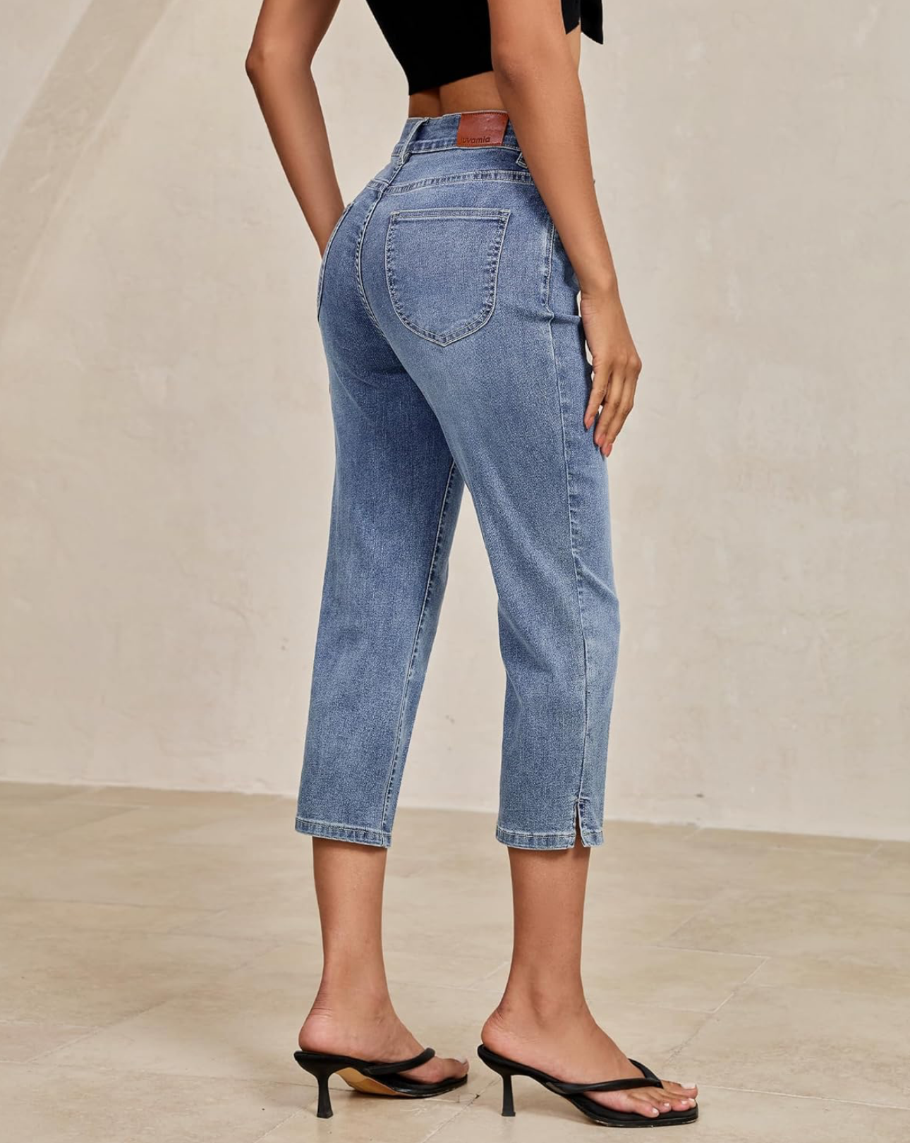 Capri Jeans for Women - High Waisted Side Slit Denim
