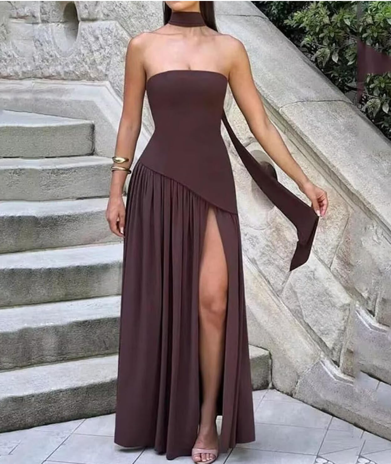 Strapless Chiffon Dress with Scarf